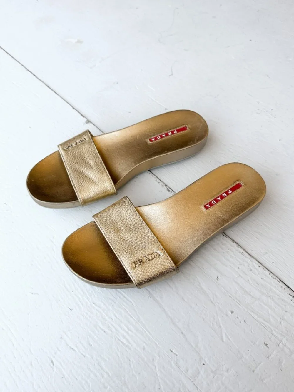 Prada Gold Leather Logo Slide Sandals - Size 36.5